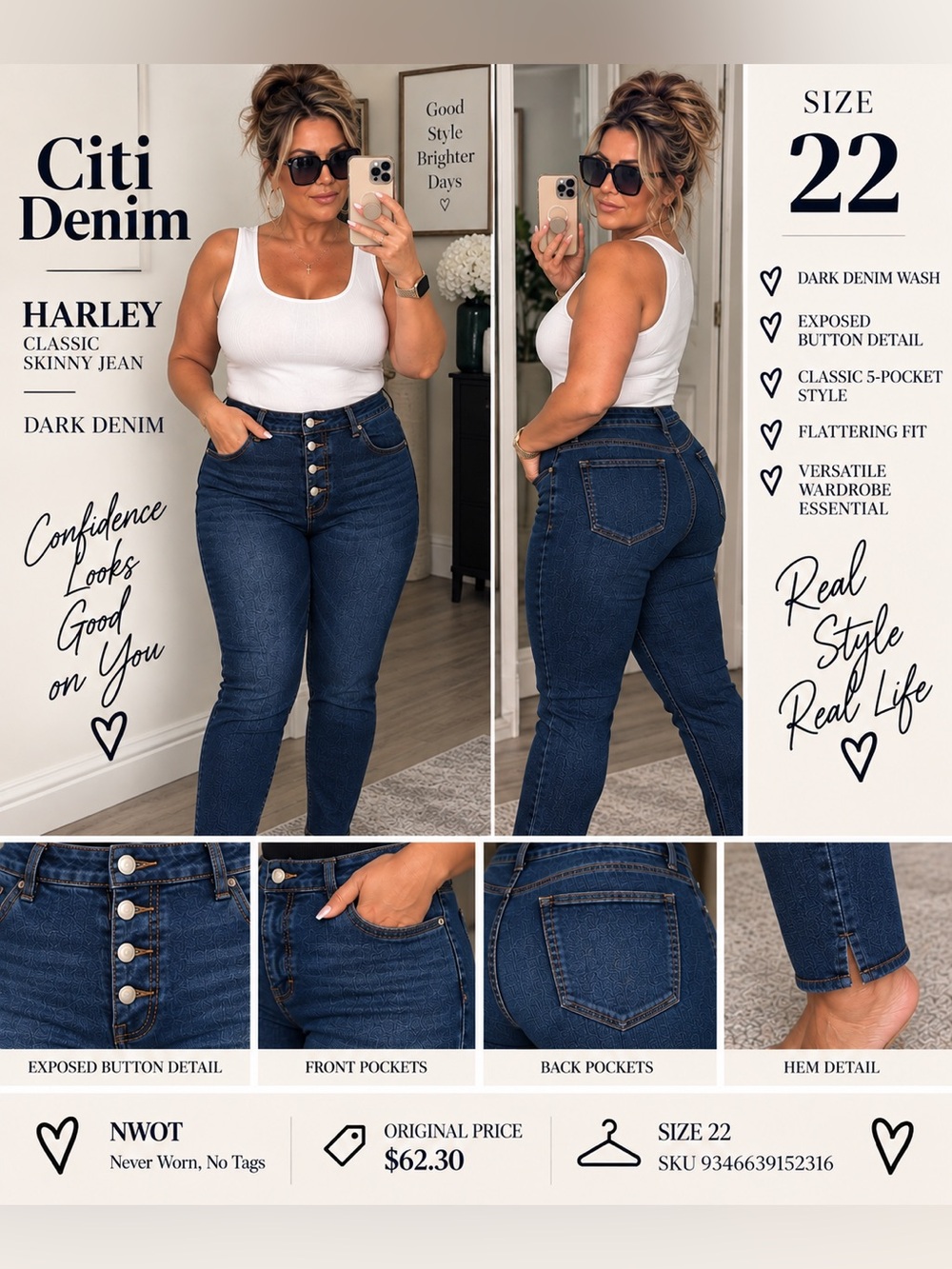 👖 Citi Denim “Harley” Classic Skinny Jean — Size 22 | Dark Denim | NWOT
